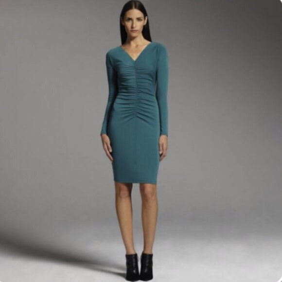 Narcisco Rodriguez Teal Ruched Front Long Sleeve Dress sz M - Picture 1 of 9